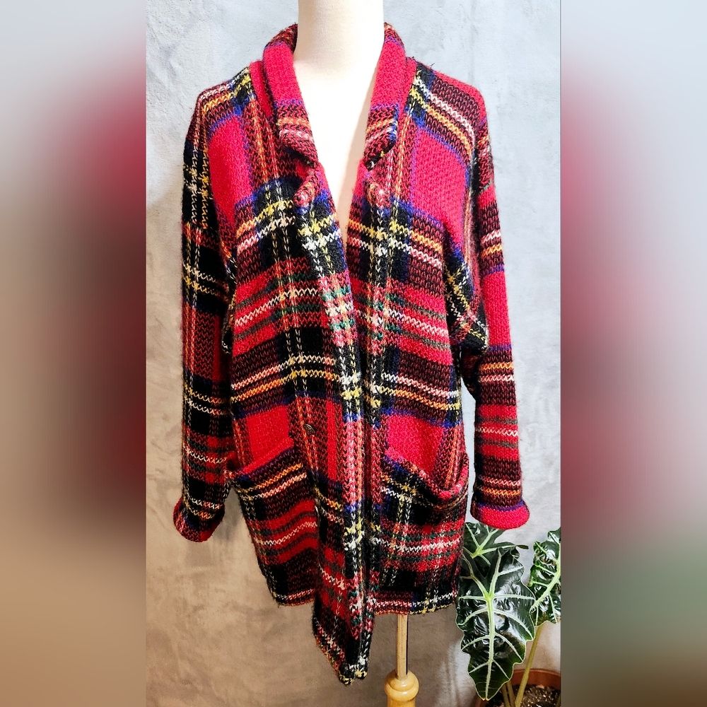 I.B. Diffusion Womens Sz S Sweater Blazer Cardigan Mohair Blend Knit Red Plaid